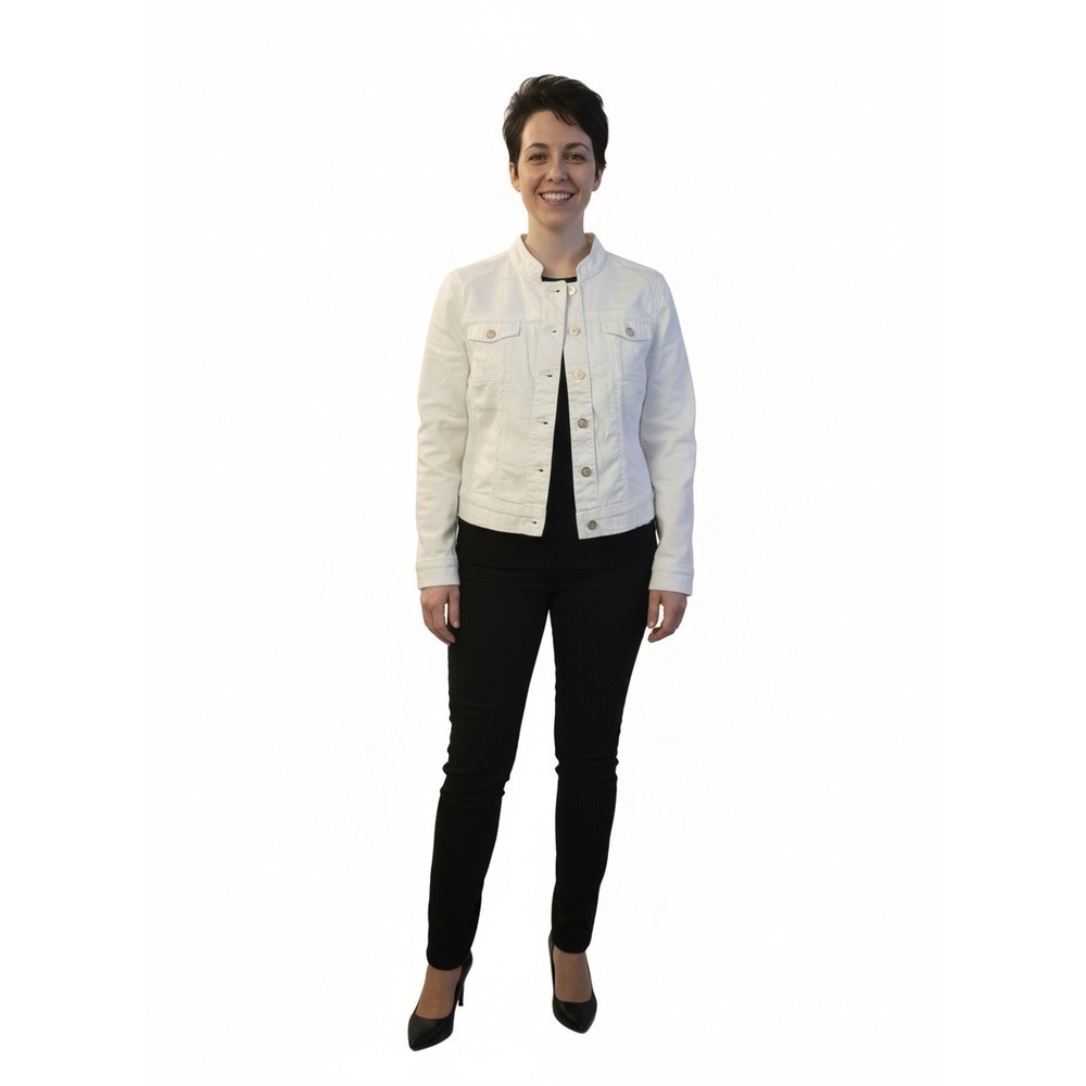 Chicos White Denim Jacket Fringe Trim‎ Gold Buttons Size 2 M/L Jean Jacket